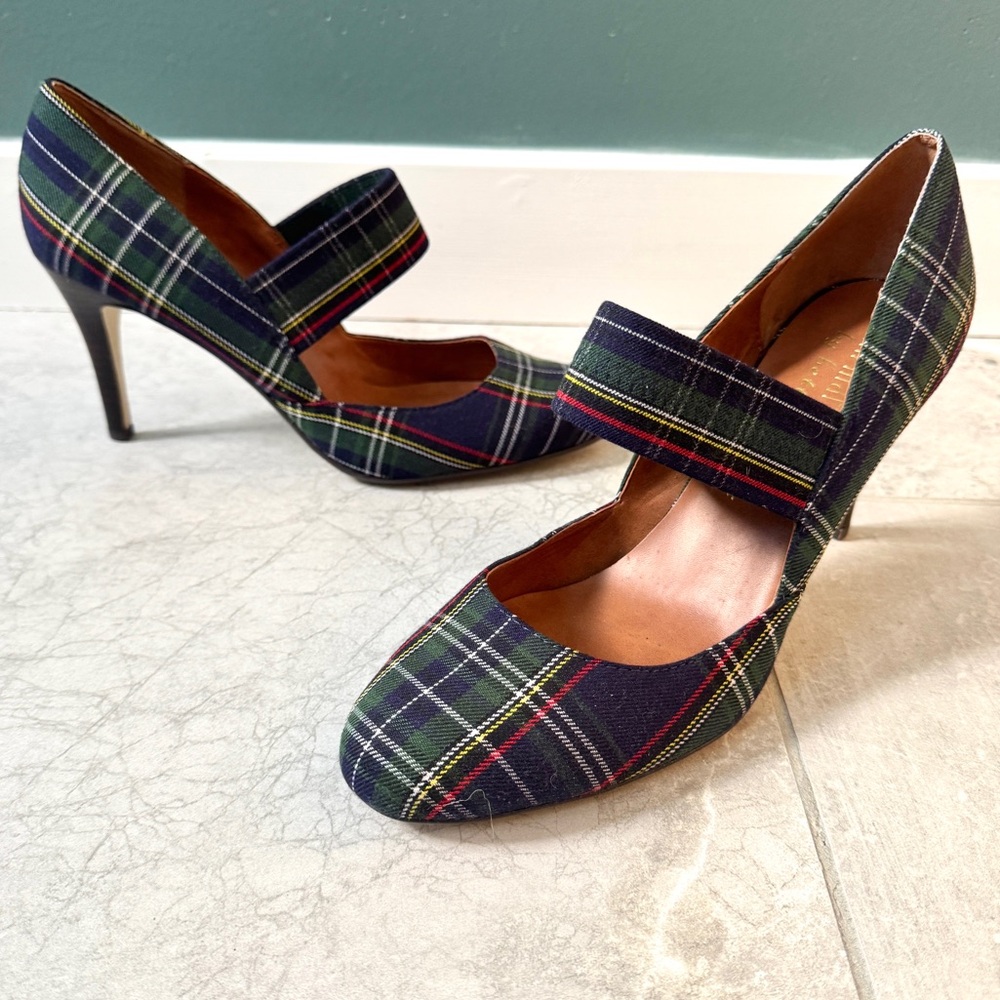 ANN MARINO by BETTYE MULLER plaid Mary jane HEELS retro pinup blue women’s 9 red - Picture 2 of 11